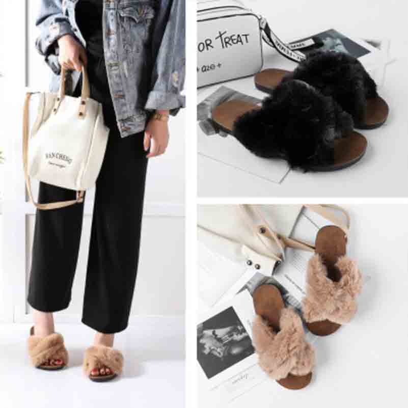 2020 Korean women's fashion cross fur slippers 4